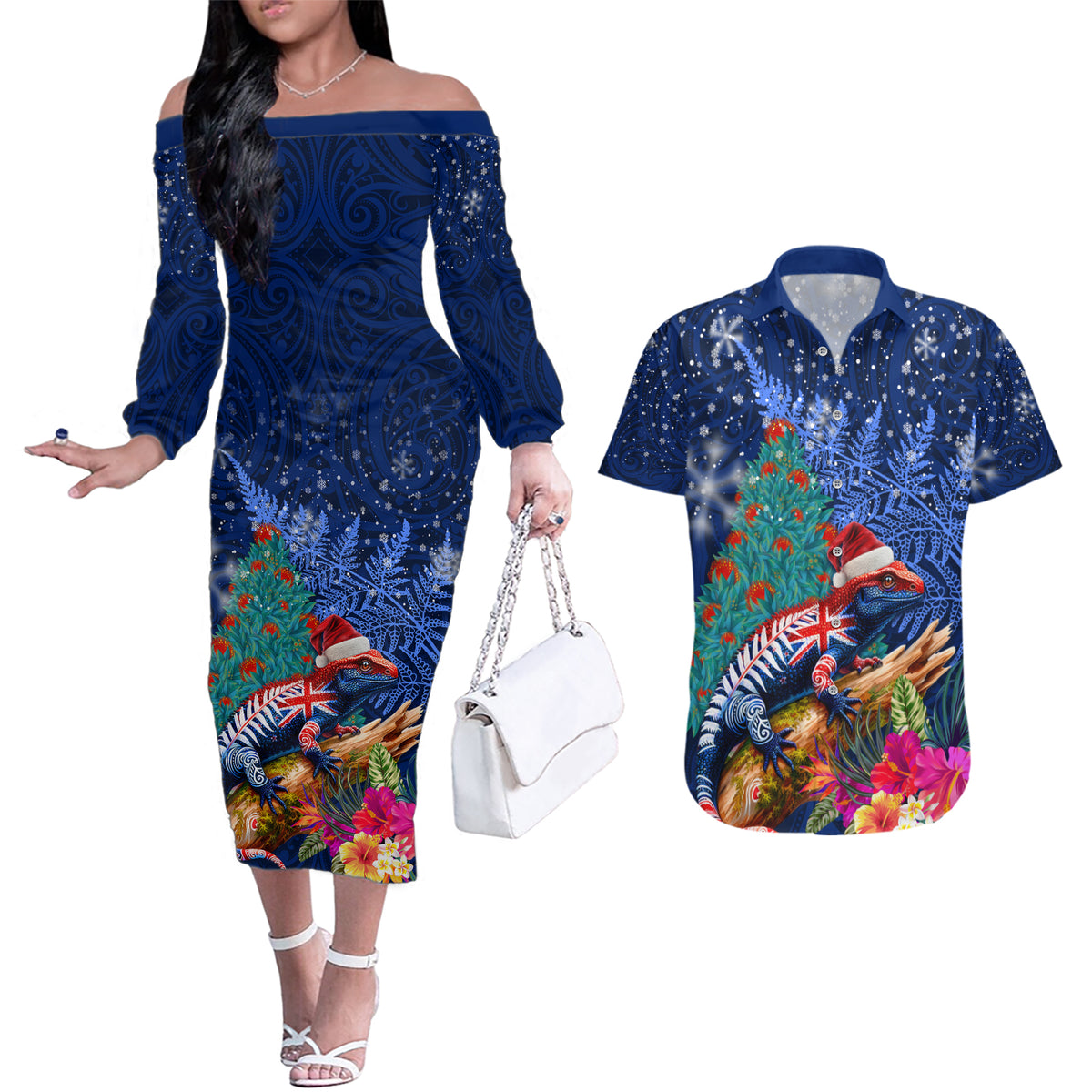 New Zealand Tuatara Christmas Couples Matching Off The Shoulder Long Sleeve Dress and Hawaiian Shirt Silver Fern and Xmas Pohutukawa Tree Blue Color