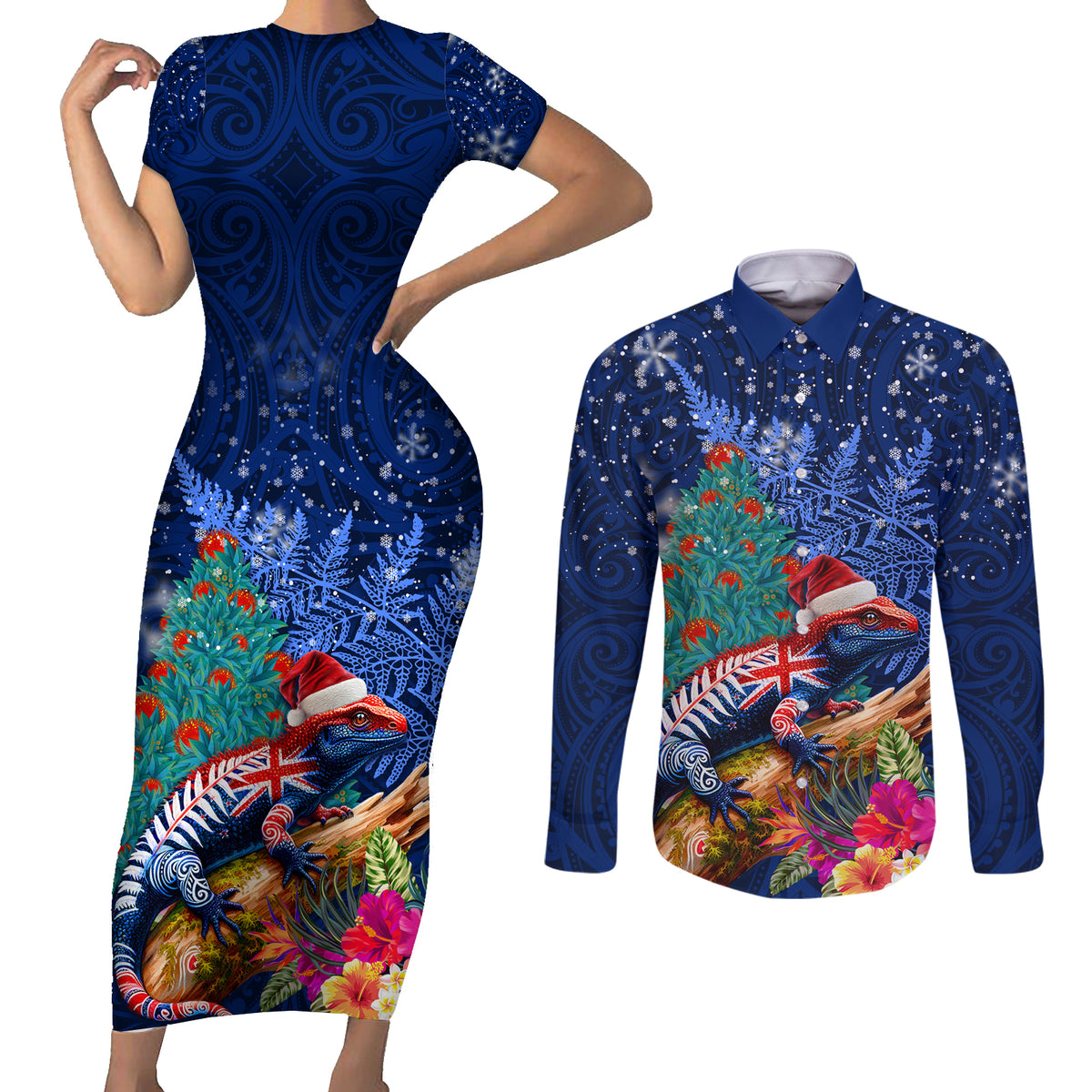 New Zealand Tuatara Christmas Couples Matching Short Sleeve Bodycon Dress and Long Sleeve Button Shirt Silver Fern and Xmas Pohutukawa Tree Blue Color