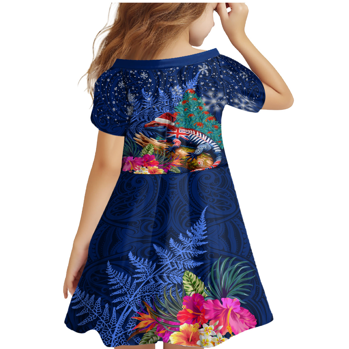 New Zealand Tuatara Christmas Family Matching Mermaid Dress and Hawaiian Shirt Silver Fern and Xmas Pohutukawa Tree Blue Color
