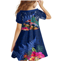 New Zealand Tuatara Christmas Family Matching Mermaid Dress and Hawaiian Shirt Silver Fern and Xmas Pohutukawa Tree Blue Color