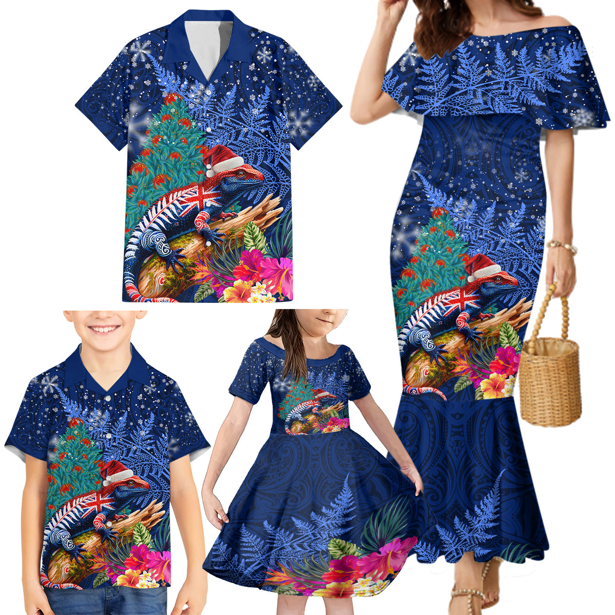 New Zealand Tuatara Christmas Family Matching Mermaid Dress and Hawaiian Shirt Silver Fern and Xmas Pohutukawa Tree Blue Color