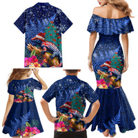 New Zealand Tuatara Christmas Family Matching Mermaid Dress and Hawaiian Shirt Silver Fern and Xmas Pohutukawa Tree Blue Color