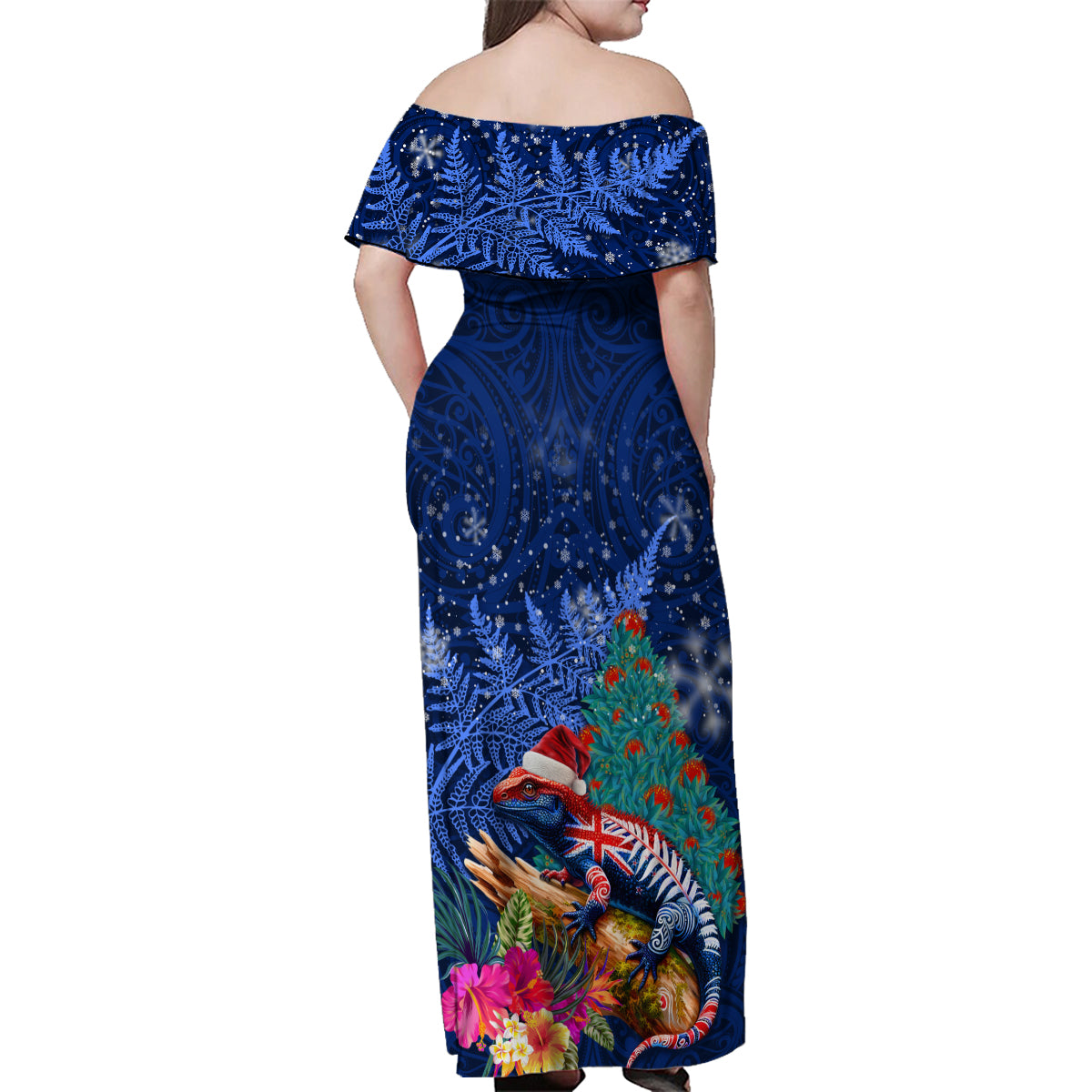 New Zealand Tuatara Christmas Family Matching Off Shoulder Maxi Dress and Hawaiian Shirt Silver Fern and Xmas Pohutukawa Tree Blue Color