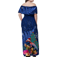 New Zealand Tuatara Christmas Family Matching Off Shoulder Maxi Dress and Hawaiian Shirt Silver Fern and Xmas Pohutukawa Tree Blue Color