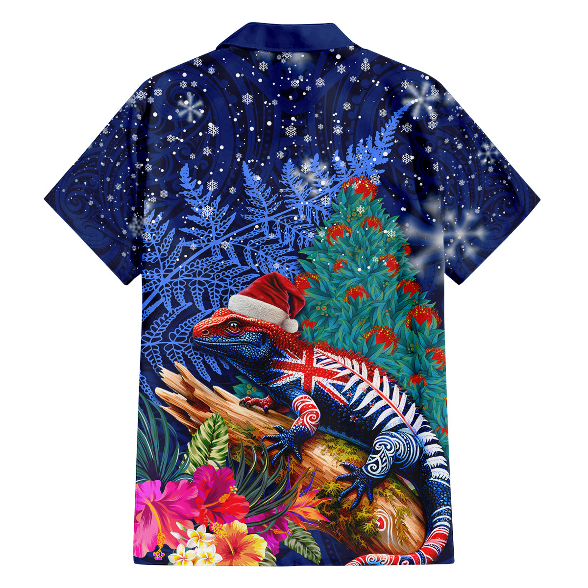 New Zealand Tuatara Christmas Family Matching Tank Maxi Dress and Hawaiian Shirt Silver Fern and Xmas Pohutukawa Tree Blue Color