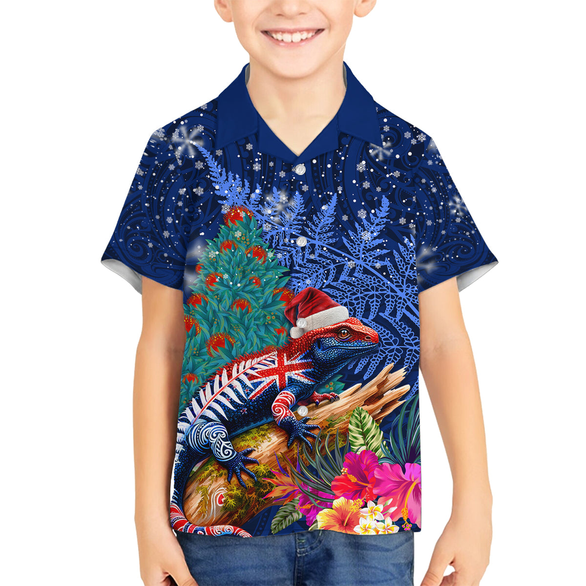 New Zealand Tuatara Christmas Family Matching Tank Maxi Dress and Hawaiian Shirt Silver Fern and Xmas Pohutukawa Tree Blue Color