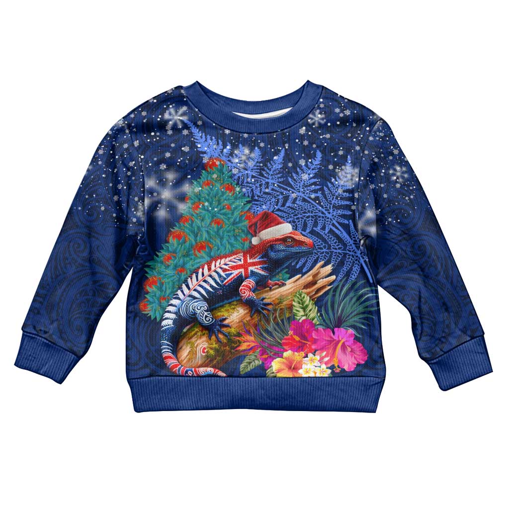 New Zealand Tuatara Christmas Kid Ugly Christmas Sweater Silver Fern and Xmas Pohutukawa Tree Blue Color