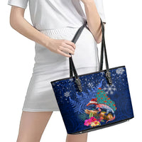 New Zealand Tuatara Christmas Leather Tote Bag Silver Fern and Xmas Pohutukawa Tree Blue Color