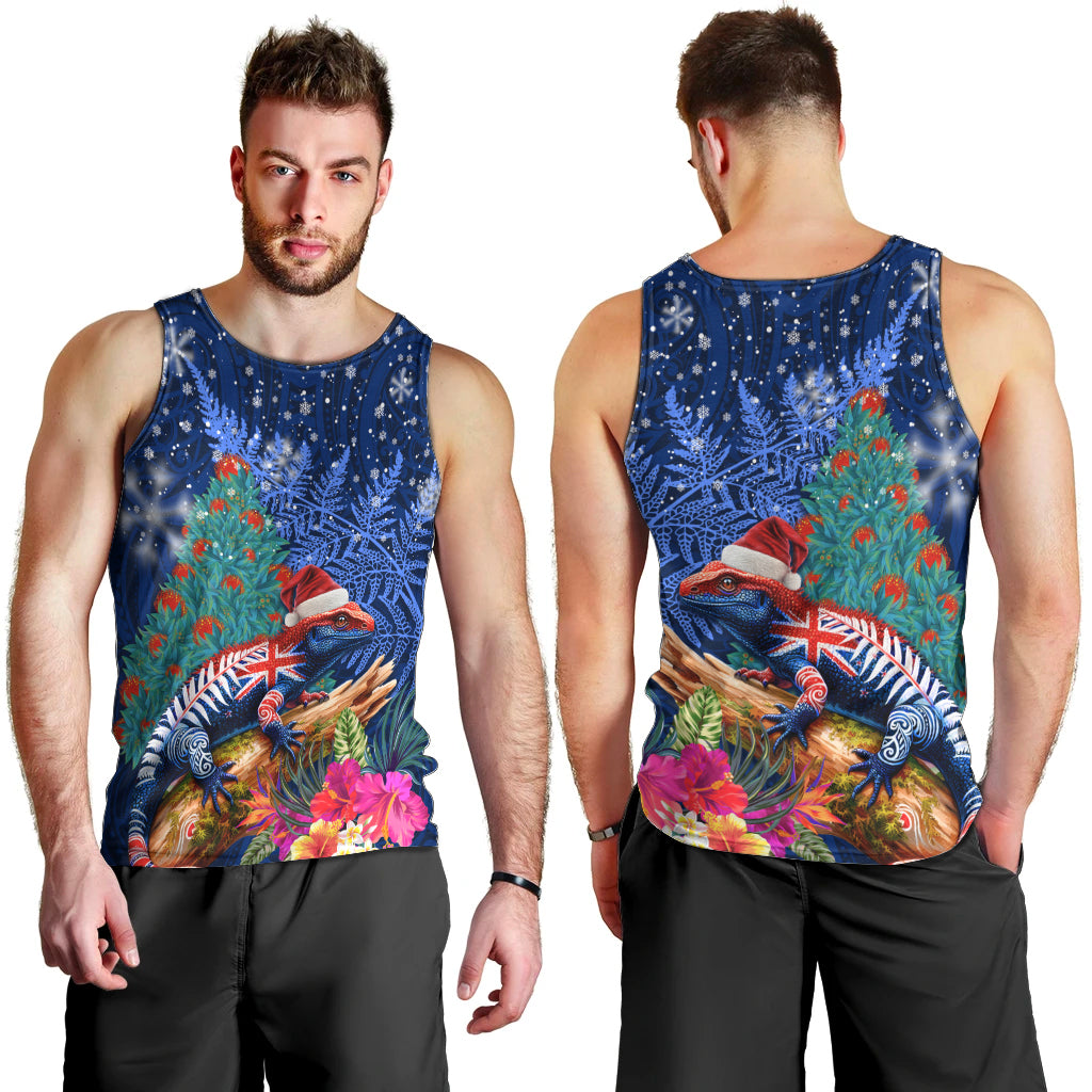 New Zealand Tuatara Christmas Men Tank Top Silver Fern and Xmas Pohutukawa Tree Blue Color