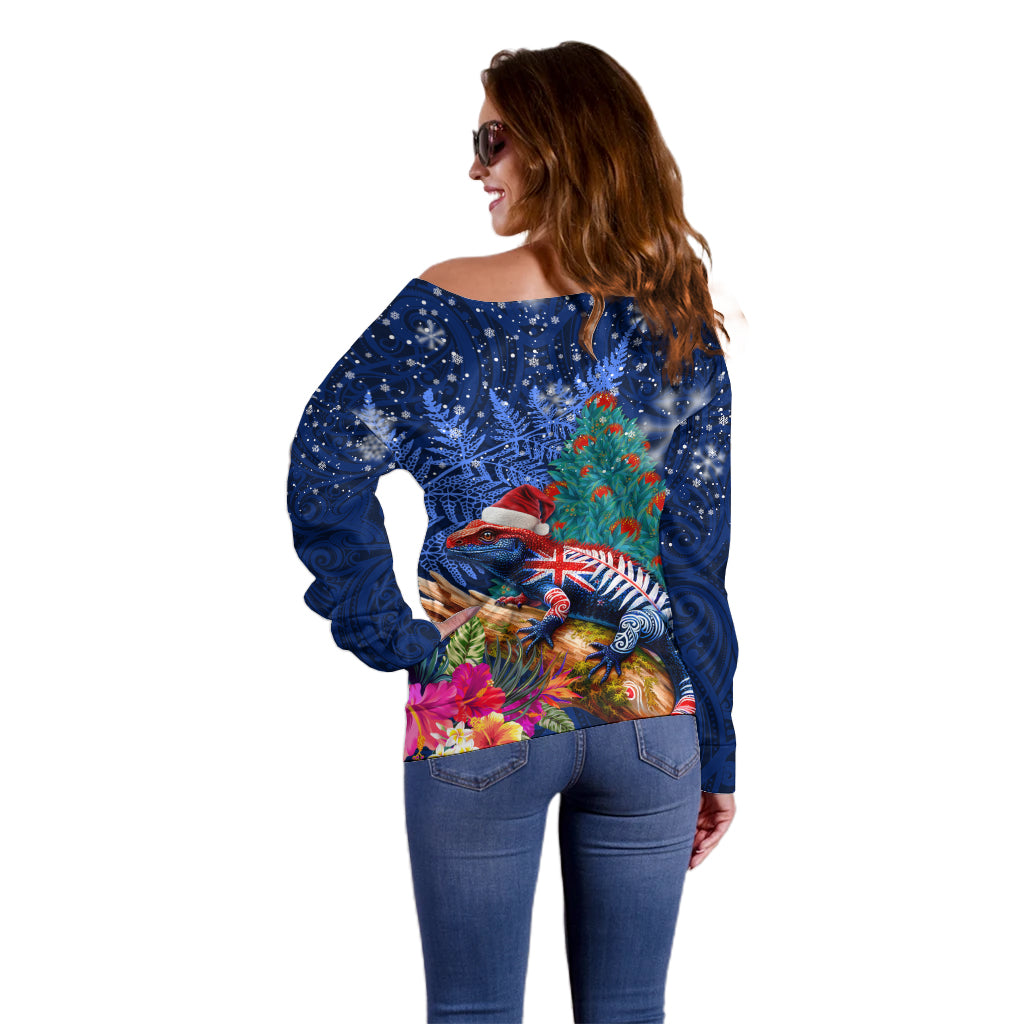 New Zealand Tuatara Christmas Off Shoulder Sweater Silver Fern and Xmas Pohutukawa Tree Blue Color