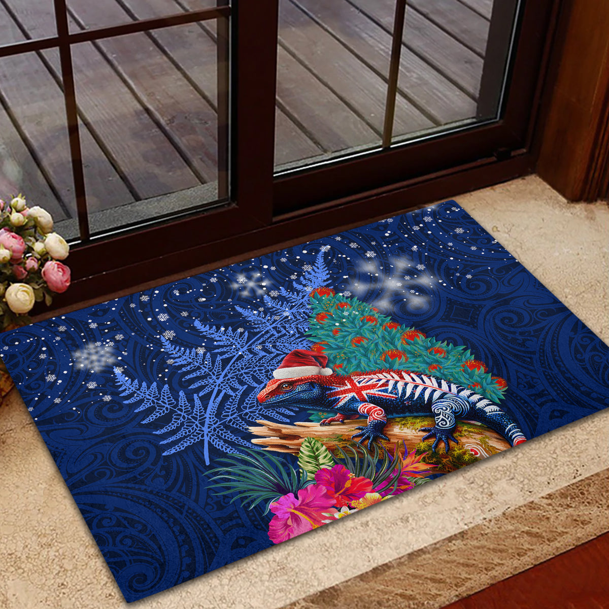 New Zealand Tuatara Christmas Rubber Doormat Silver Fern and Xmas Pohutukawa Tree Blue Color