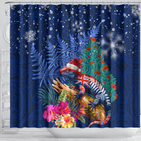 New Zealand Tuatara Christmas Shower Curtain Silver Fern and Xmas Pohutukawa Tree Blue Color
