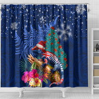 New Zealand Tuatara Christmas Shower Curtain Silver Fern and Xmas Pohutukawa Tree Blue Color
