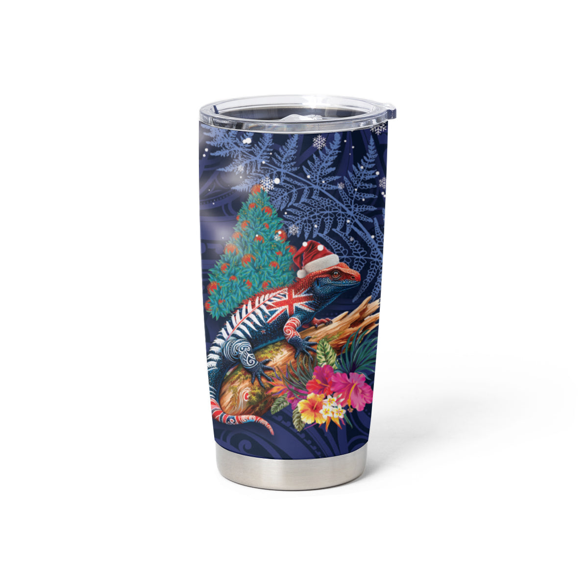 New Zealand Tuatara Christmas Tumbler Cup Silver Fern and Xmas Pohutukawa Tree Blue Color