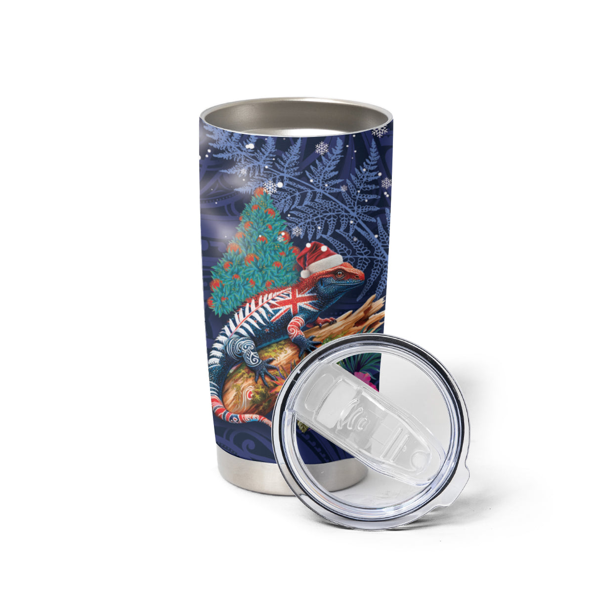New Zealand Tuatara Christmas Tumbler Cup Silver Fern and Xmas Pohutukawa Tree Blue Color
