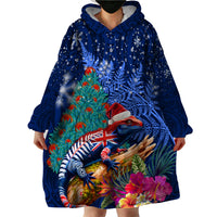 New Zealand Tuatara Christmas Wearable Blanket Hoodie Silver Fern and Xmas Pohutukawa Tree Blue Color