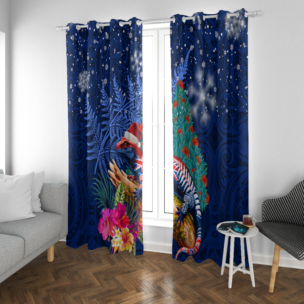 New Zealand Tuatara Christmas Window Curtain Silver Fern and Xmas Pohutukawa Tree Blue Color