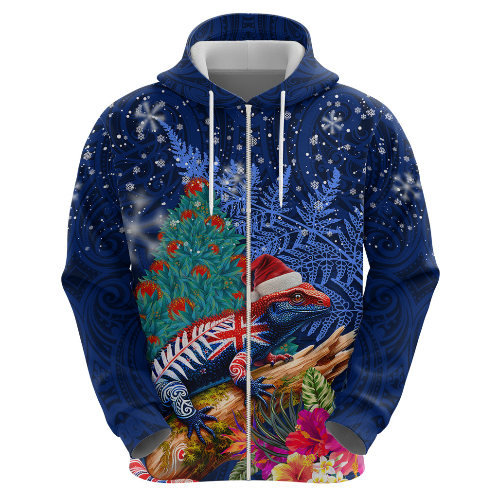 New Zealand Tuatara Christmas Zip Hoodie Silver Fern and Xmas Pohutukawa Tree Blue Color