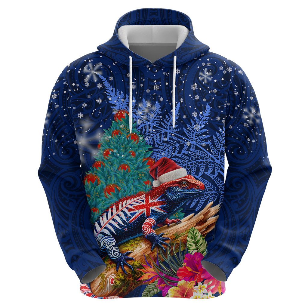 New Zealand Tuatara Christmas Zip Hoodie Silver Fern and Xmas Pohutukawa Tree Blue Color