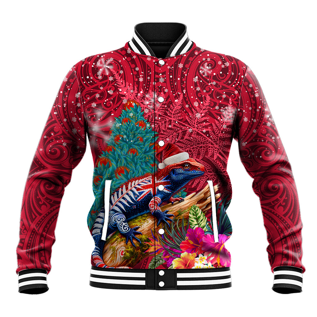 New Zealand Tuatara Christmas Baseball Jacket Silver Fern and Xmas Pohutukawa Tree Red Color