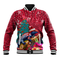 New Zealand Tuatara Christmas Baseball Jacket Silver Fern and Xmas Pohutukawa Tree Red Color