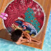 New Zealand Tuatara Christmas Beach Blanket Silver Fern and Xmas Pohutukawa Tree Red Color