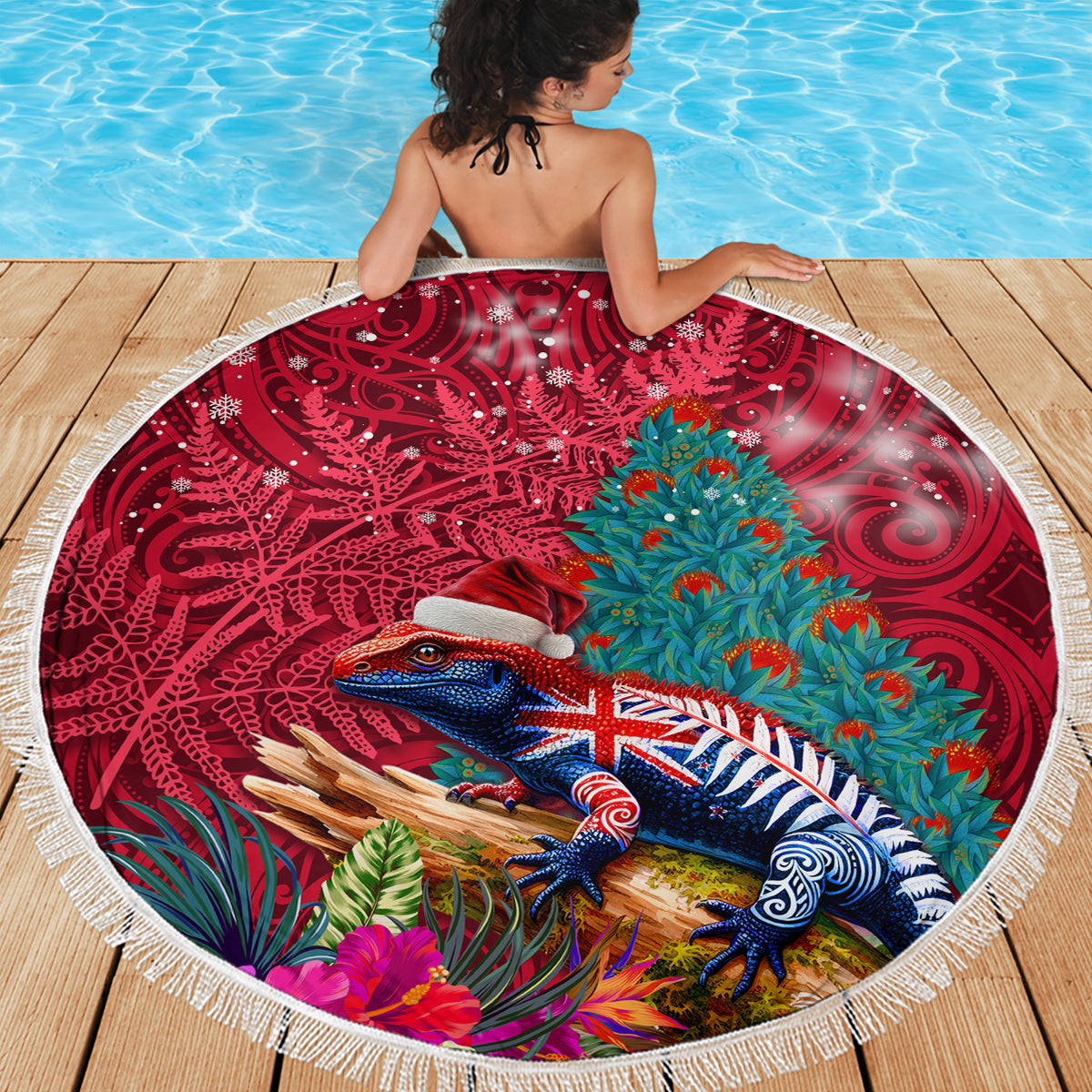 New Zealand Tuatara Christmas Beach Blanket Silver Fern and Xmas Pohutukawa Tree Red Color