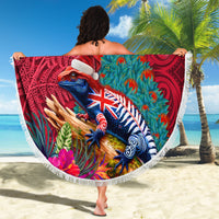 New Zealand Tuatara Christmas Beach Blanket Silver Fern and Xmas Pohutukawa Tree Red Color