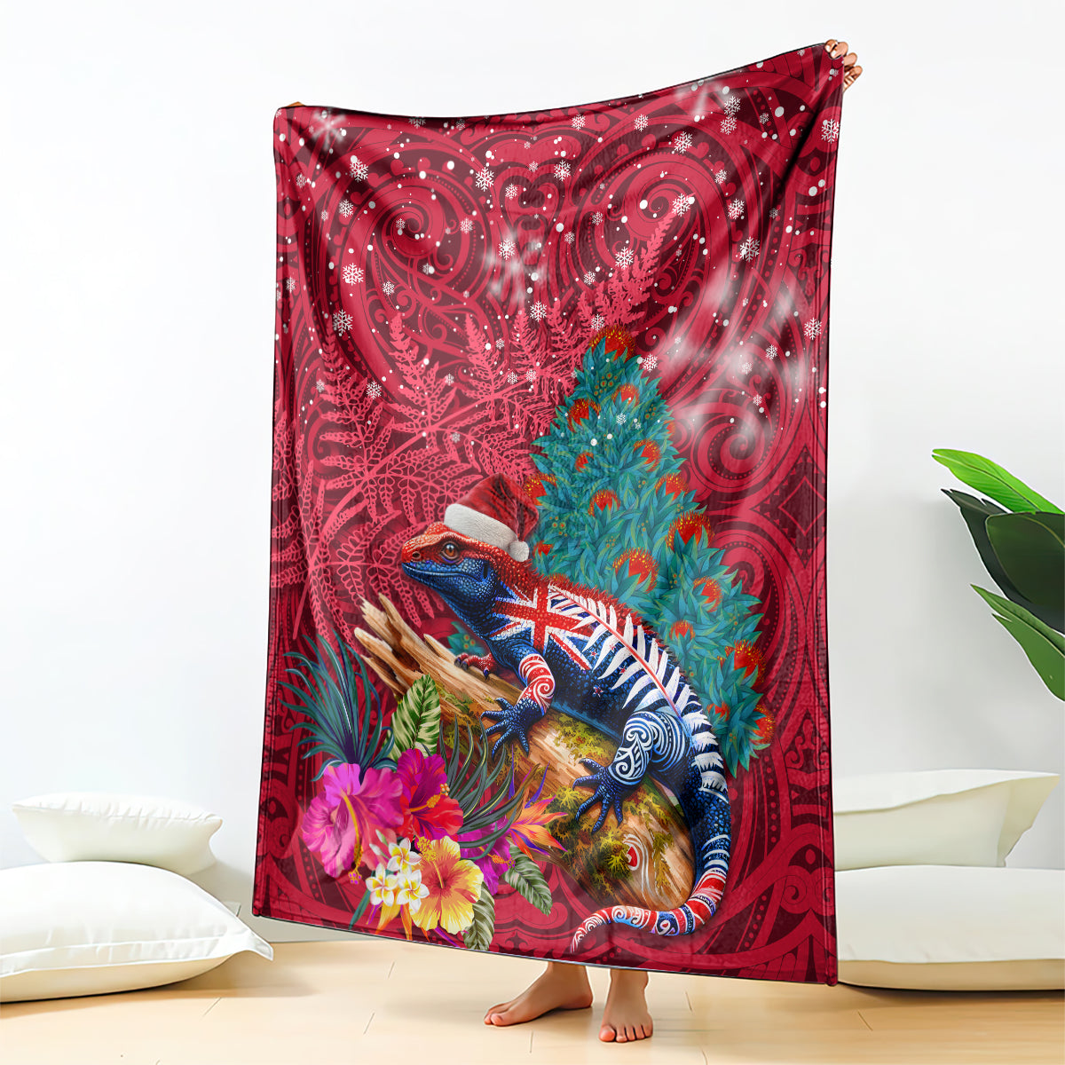 New Zealand Tuatara Christmas Blanket Silver Fern and Xmas Pohutukawa Tree Red Color