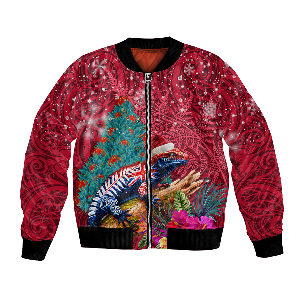 New Zealand Tuatara Christmas Bomber Jacket Silver Fern and Xmas Pohutukawa Tree Red Color