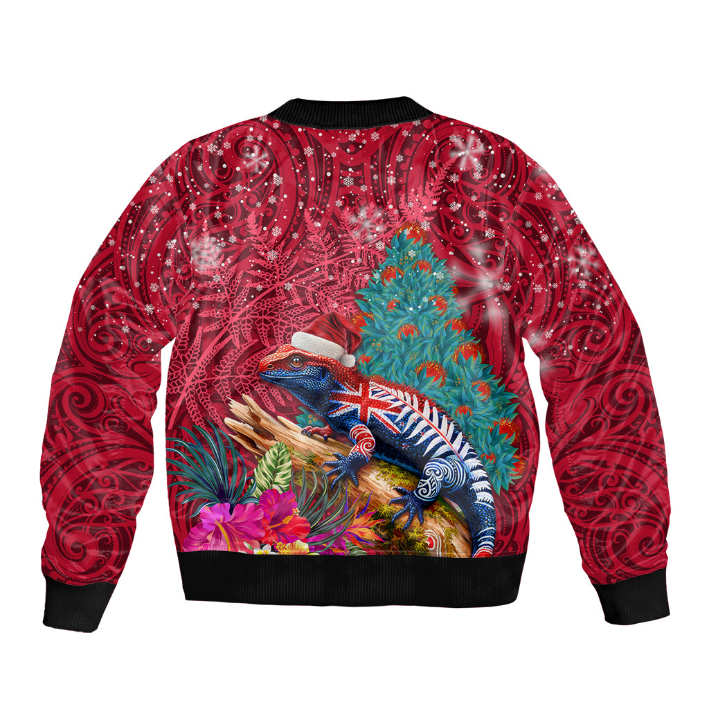 New Zealand Tuatara Christmas Bomber Jacket Silver Fern and Xmas Pohutukawa Tree Red Color