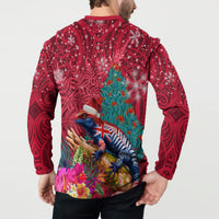 New Zealand Tuatara Christmas Button Sweatshirt Silver Fern and Xmas Pohutukawa Tree Red Color