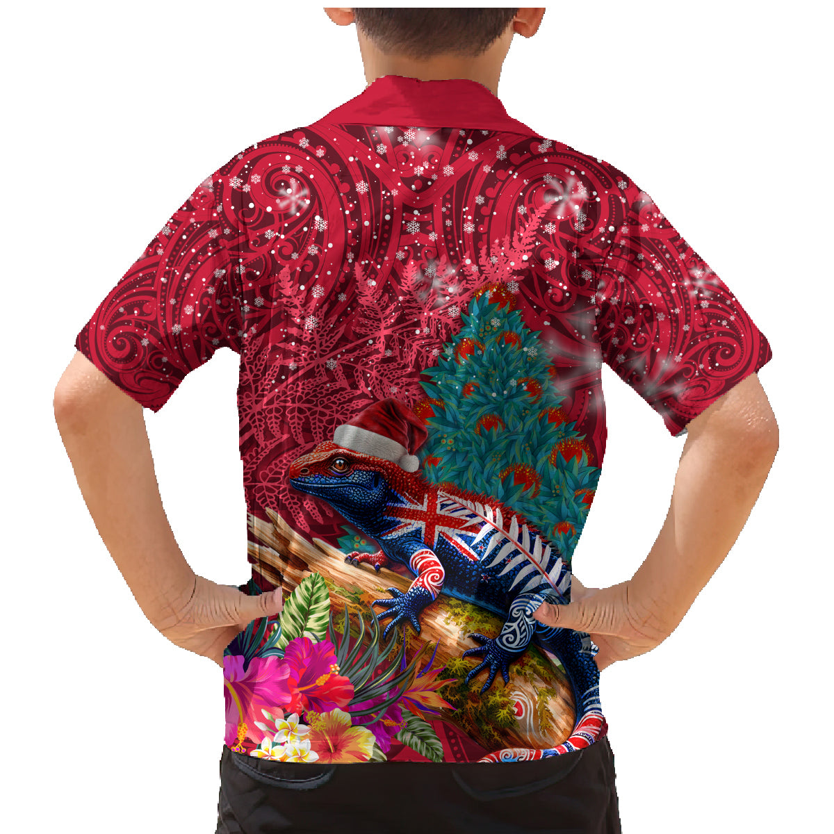 New Zealand Tuatara Christmas Family Matching Mermaid Dress and Hawaiian Shirt Silver Fern and Xmas Pohutukawa Tree Red Color