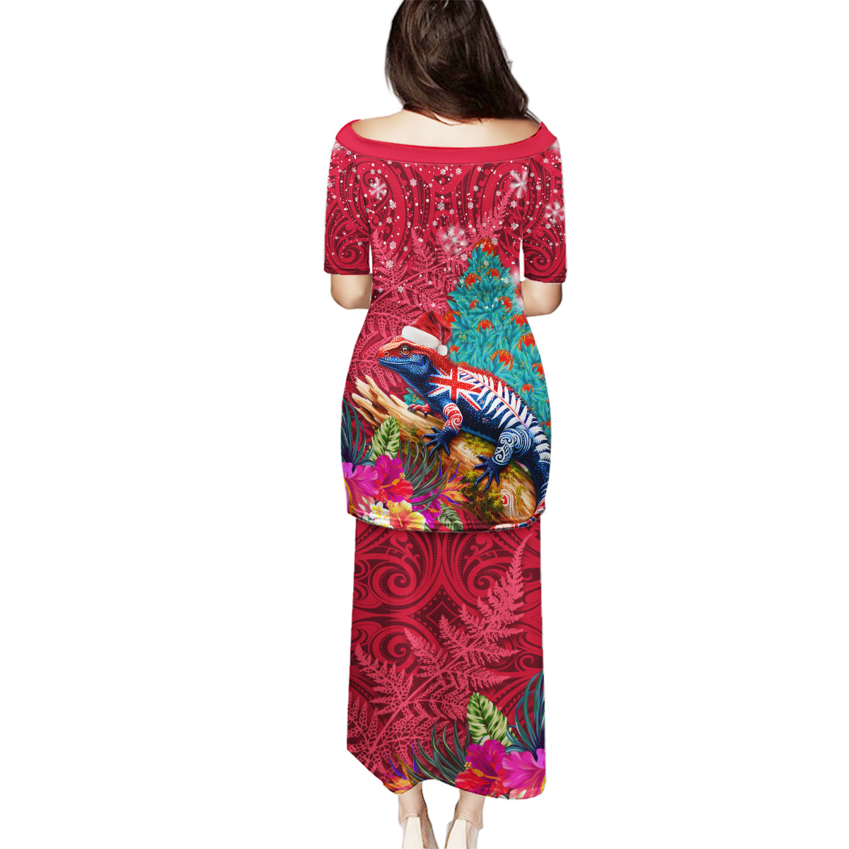 New Zealand Tuatara Christmas Family Matching Puletasi and Hawaiian Shirt Silver Fern and Xmas Pohutukawa Tree Red Color