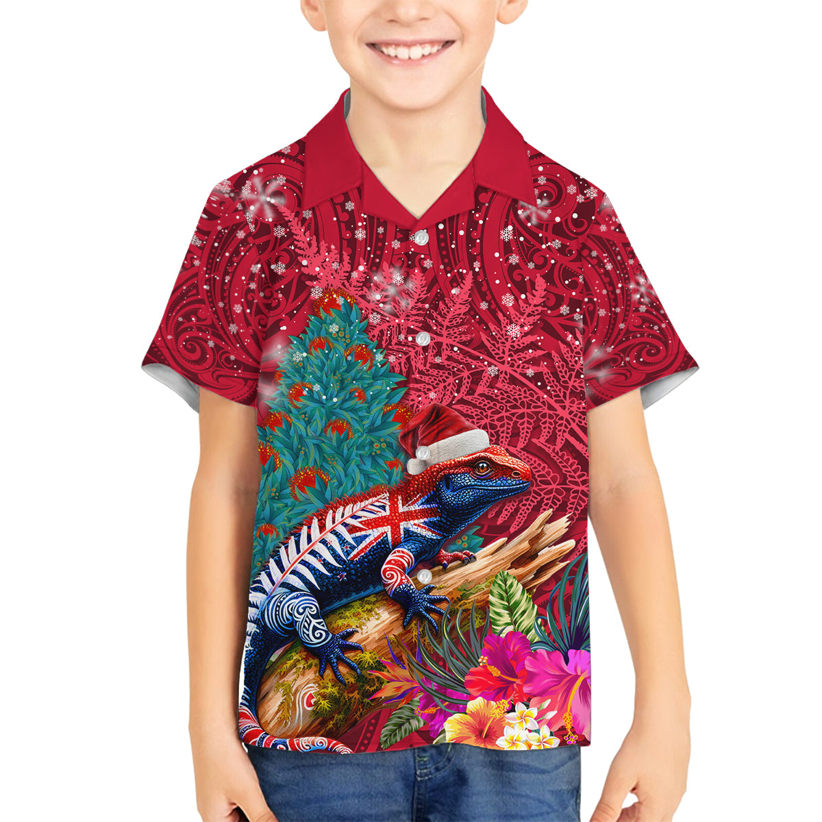 New Zealand Tuatara Christmas Family Matching Summer Maxi Dress and Hawaiian Shirt Silver Fern and Xmas Pohutukawa Tree Red Color