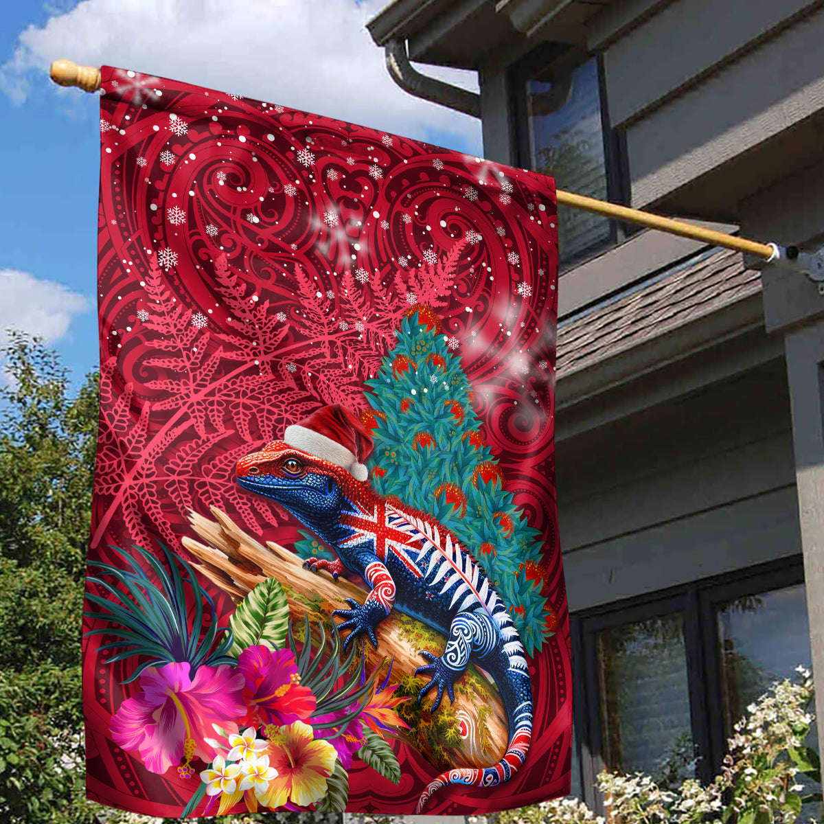 New Zealand Tuatara Christmas Garden Flag Silver Fern and Xmas Pohutukawa Tree Red Color