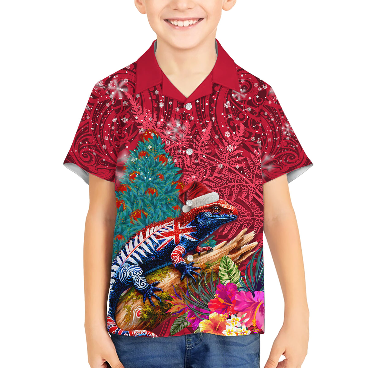 New Zealand Tuatara Christmas Hawaiian Shirt Silver Fern and Xmas Pohutukawa Tree Red Color