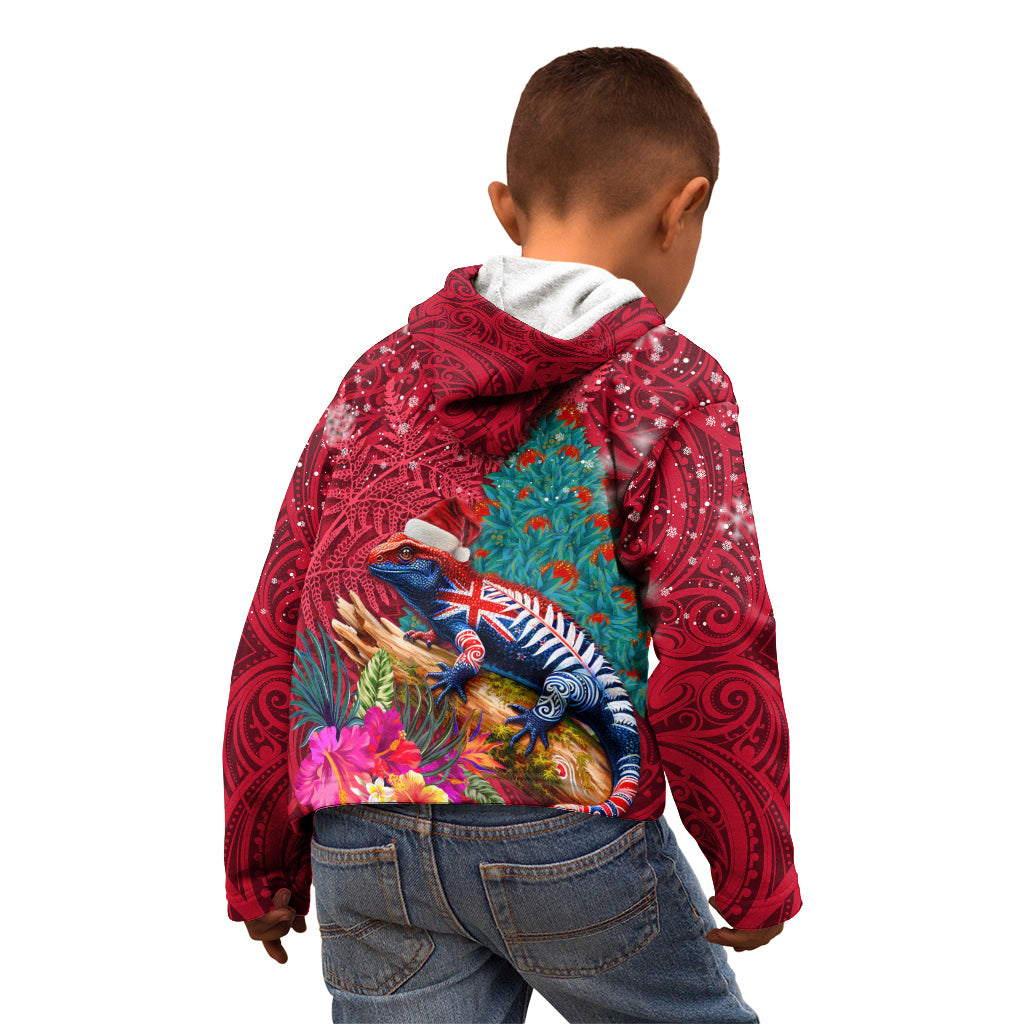 New Zealand Tuatara Christmas Kid Hoodie Silver Fern and Xmas Pohutukawa Tree Red Color