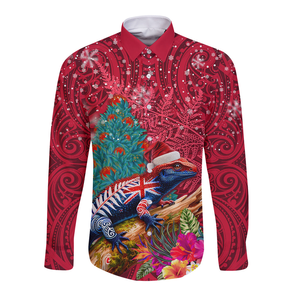 New Zealand Tuatara Christmas Long Sleeve Button Shirt Silver Fern and Xmas Pohutukawa Tree Red Color