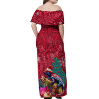 New Zealand Tuatara Christmas Off Shoulder Maxi Dress Silver Fern and Xmas Pohutukawa Tree Red Color