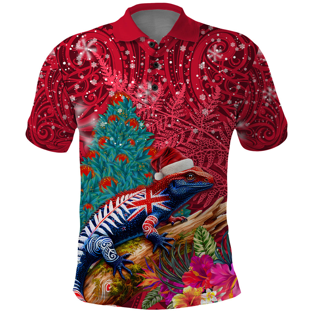 New Zealand Tuatara Christmas Polo Shirt Silver Fern and Xmas Pohutukawa Tree Red Color