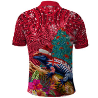 New Zealand Tuatara Christmas Polo Shirt Silver Fern and Xmas Pohutukawa Tree Red Color
