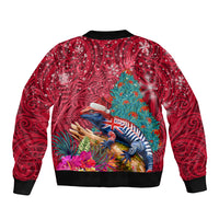 New Zealand Tuatara Christmas Sleeve Zip Bomber Jacket Silver Fern and Xmas Pohutukawa Tree Red Color