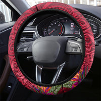 New Zealand Tuatara Christmas Steering Wheel Cover Silver Fern and Xmas Pohutukawa Tree Red Color