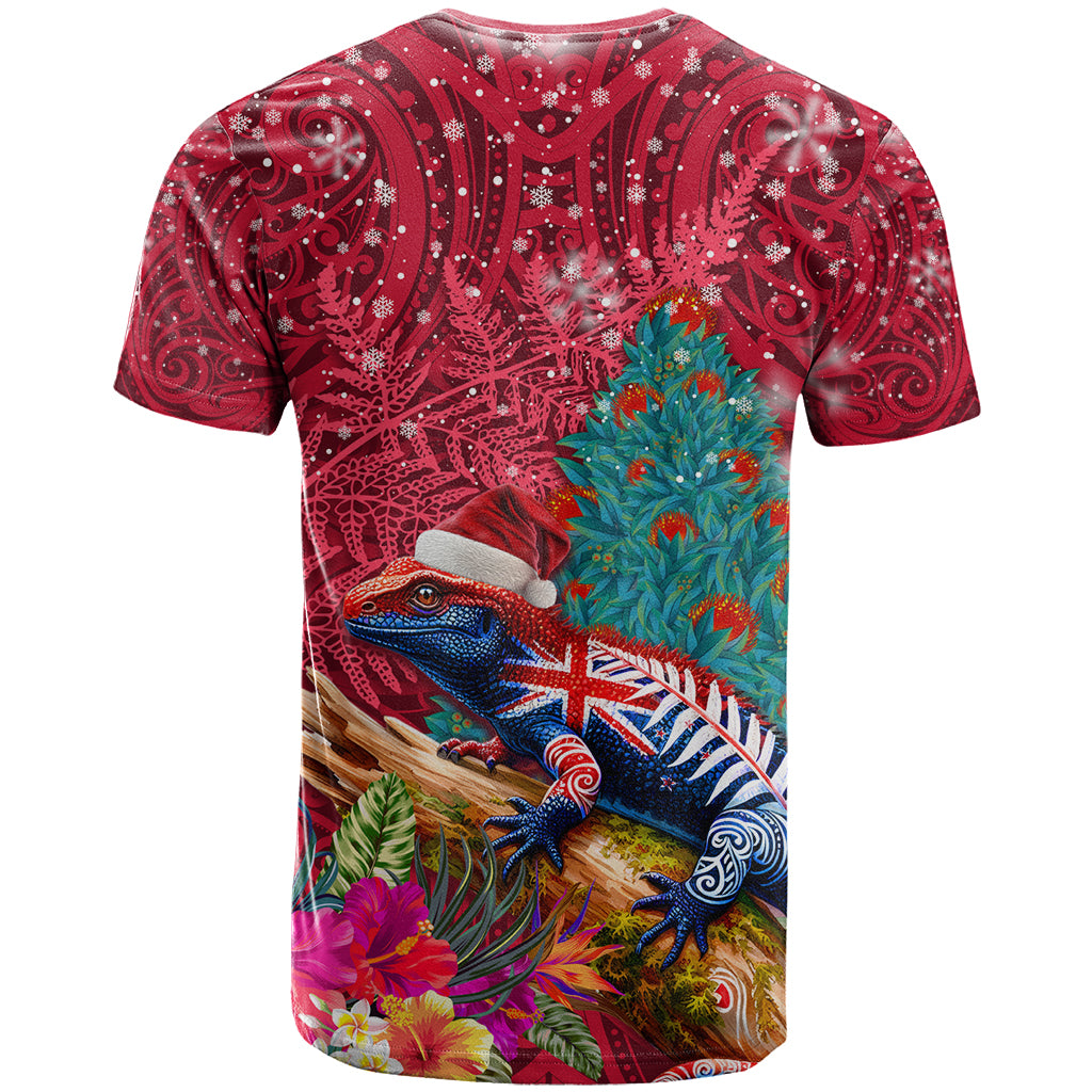 New Zealand Tuatara Christmas T Shirt Silver Fern and Xmas Pohutukawa Tree Red Color