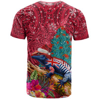 New Zealand Tuatara Christmas T Shirt Silver Fern and Xmas Pohutukawa Tree Red Color
