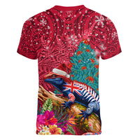 New Zealand Tuatara Christmas Women V-Neck T-Shirt Silver Fern and Xmas Pohutukawa Tree Red Color