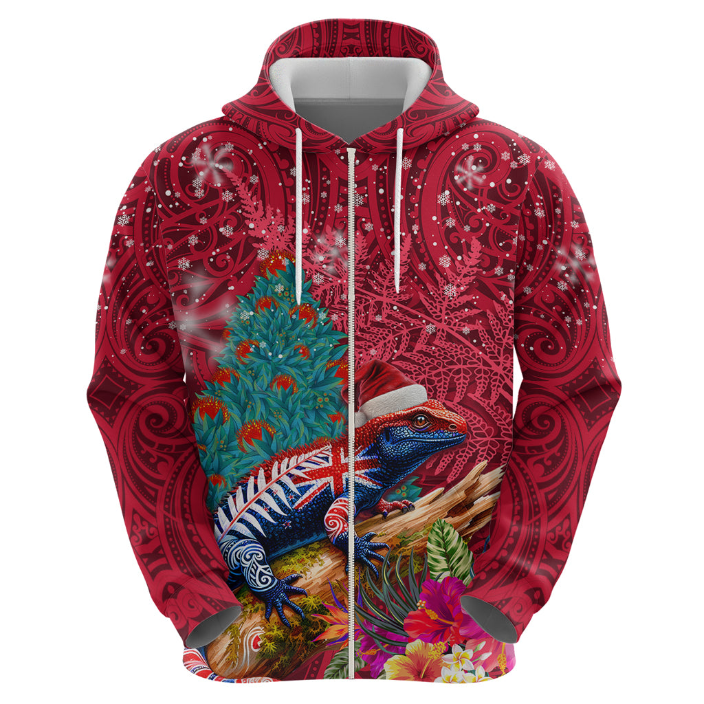 New Zealand Tuatara Christmas Zip Hoodie Silver Fern and Xmas Pohutukawa Tree Red Color