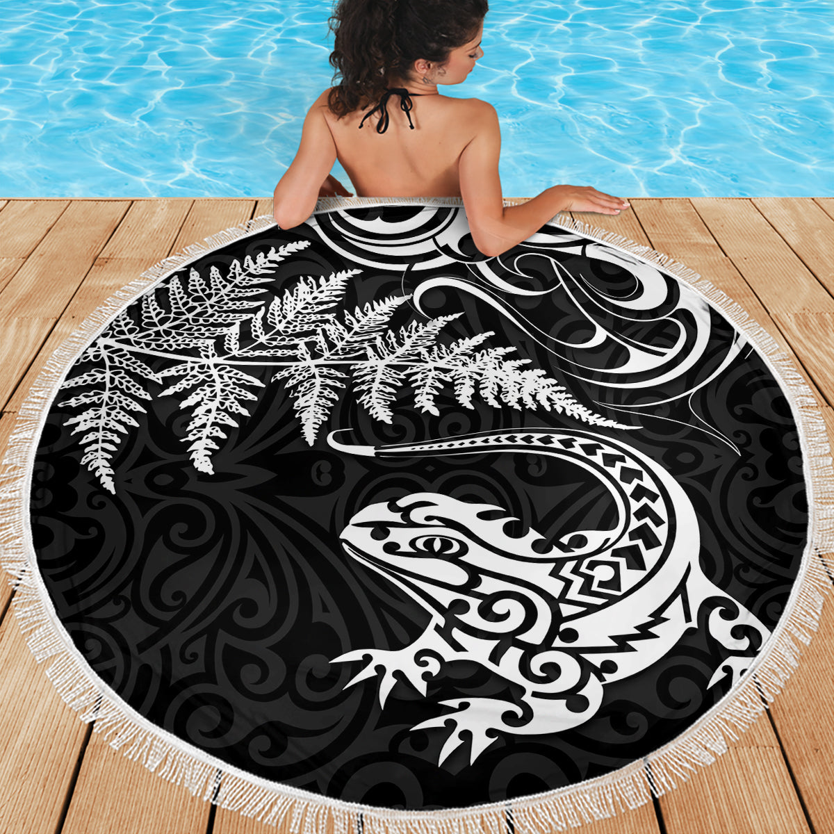 New Zealand Tuatara Tribal Tattoo Beach Blanket Silver Fern and Maori Pattern Black Color