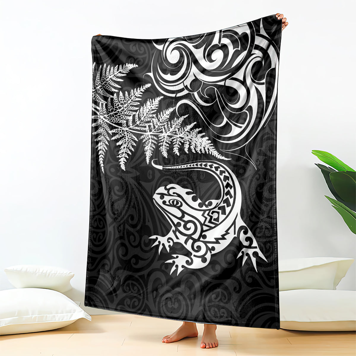 New Zealand Tuatara Tribal Tattoo Blanket Silver Fern and Maori Pattern Black Color